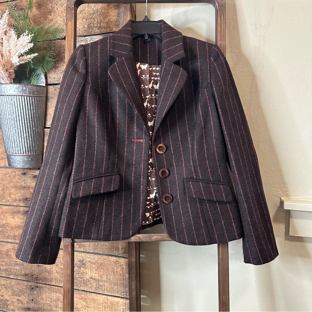 Boden Brown Wool Salmon Broken Stripe Blazer Size 10 Excellent Condition